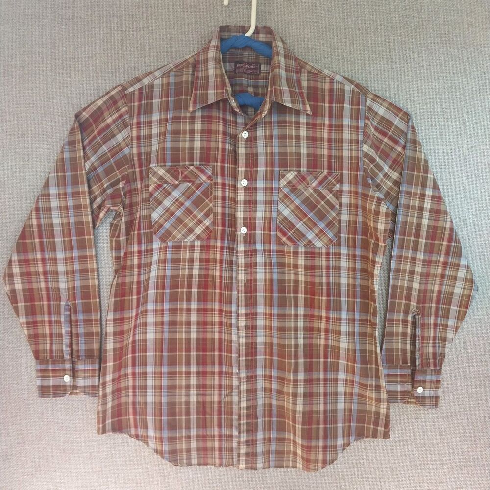 Vintage Kingsport Long Sleeve Shirt Mens Brown Plaid Button Down  Pockets Medium